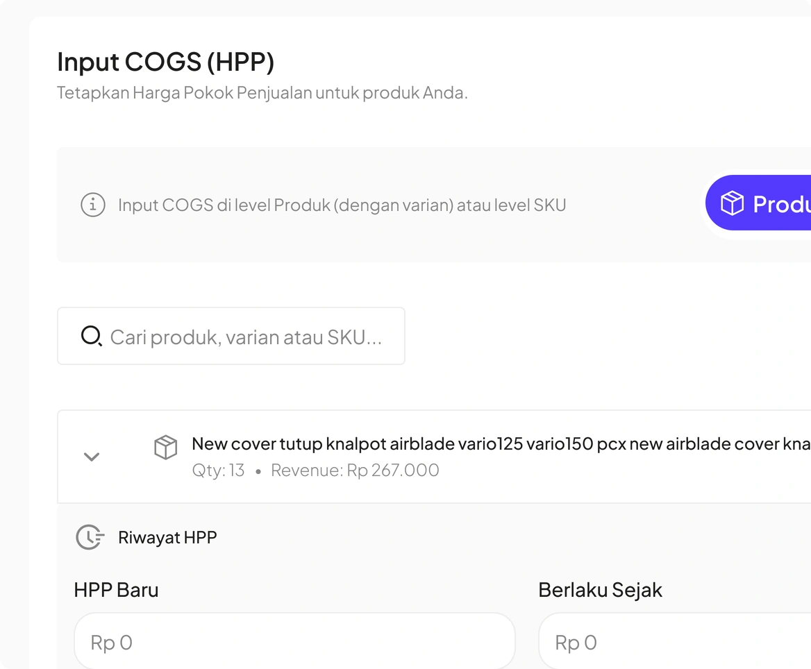 Input COGS atau HPP per produk dan SKU, pencarian produk, serta riwayat harga pokok penjualan.