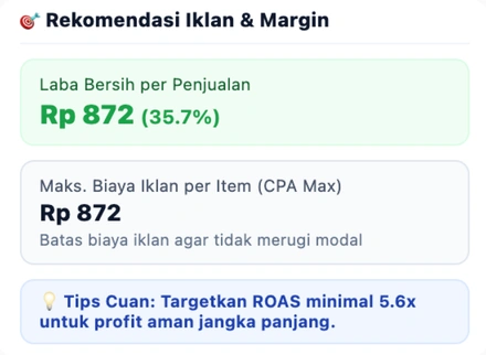 Rekomendasi iklan dan margin: laba bersih Rp 872 dan target ROAS minimal 5.6x.