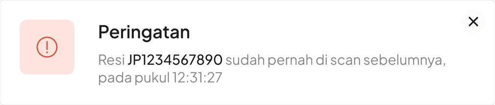 Peringatan: resi JP1234567890 sudah pernah dipindai sebelumnya.